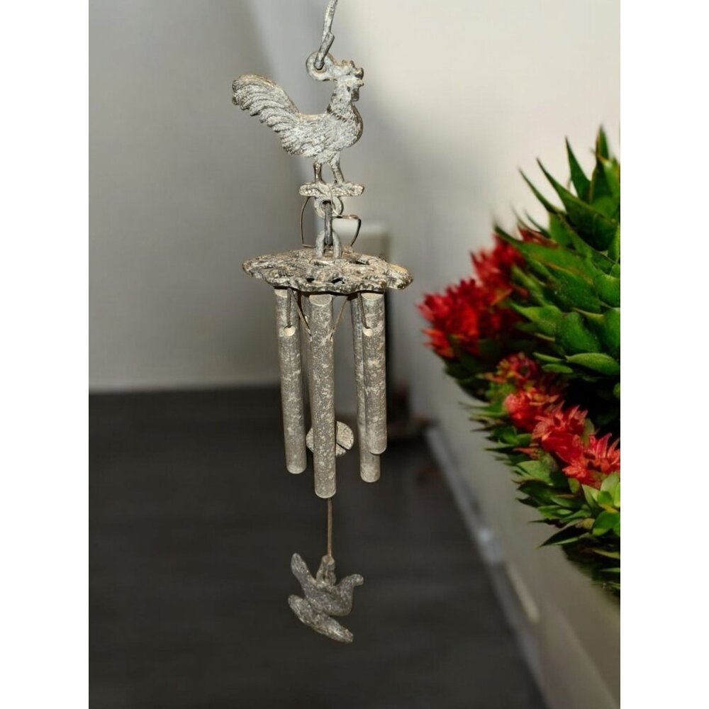 Vintage Metal Rooster Wind Chime With Hanging Bird Accent